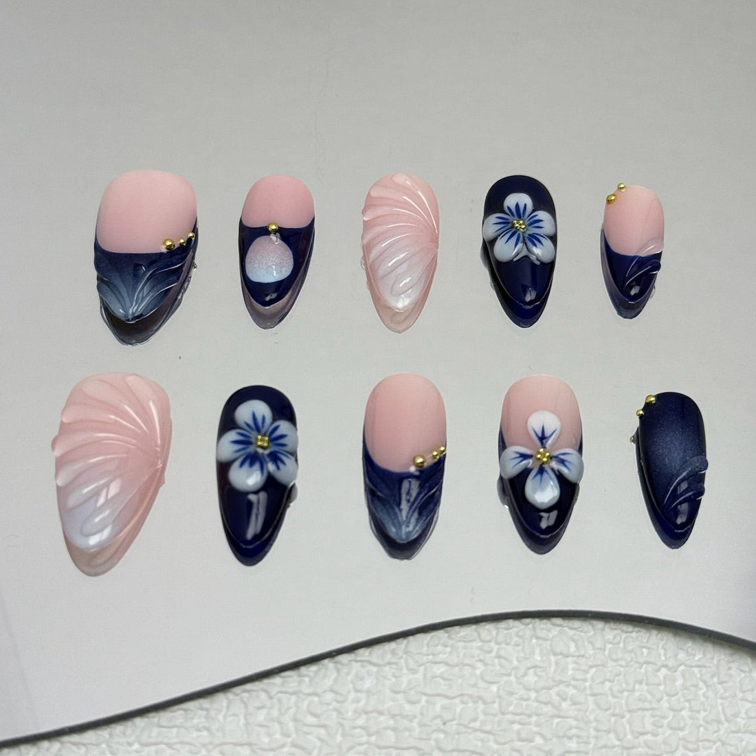 Navy Bloom & Shell Nails